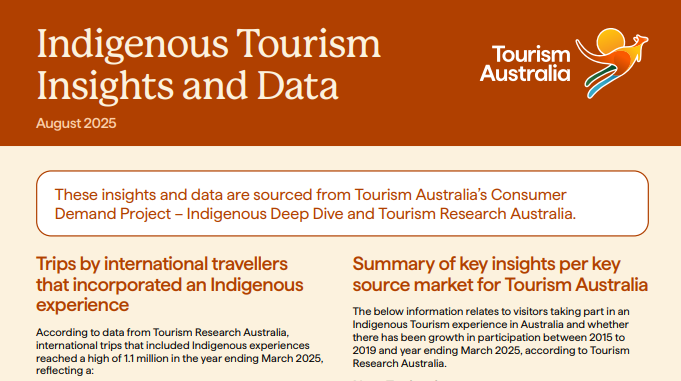 Australia: The "Indigenous Tourism Insights and Data factsheet" by Tourism Australia sheds light on on travellers awareness and views of Indigenous tourism and includes data on the growth of Indigenous tourism per market and experience type. https://www.tourism.australia.com/content/dam/digital/corporate/documents/indigenous-tourism-insights-and-data.pdf