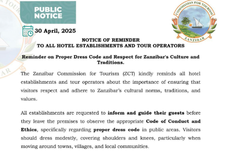 Tanzania: The Zanzibar Tourism Commission (Web: https://www.zanzibartourism.go.tz) issued a stark 'reminder on proper dress code' to Hotels and Tour Operators holding them responsible if tourists do not cover up and threatening "establishments and individuals" with "strict penalties and legal actions" from May 1, 2025. The warning was posted on the Commissions' Facebook page. It is unclear what prompted this decision and if it means that penalties will also be applied to tourists.