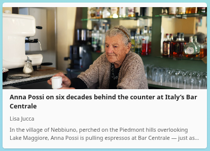 At 101 years young, an Italian institution and possibly the world's oldest barista, still running and working in her own cafe. https://www.reuters.com/lifestyle/culture-current/anna-possi-six-decades-behind-counter-italys-bar-centrale-2025-11-20/